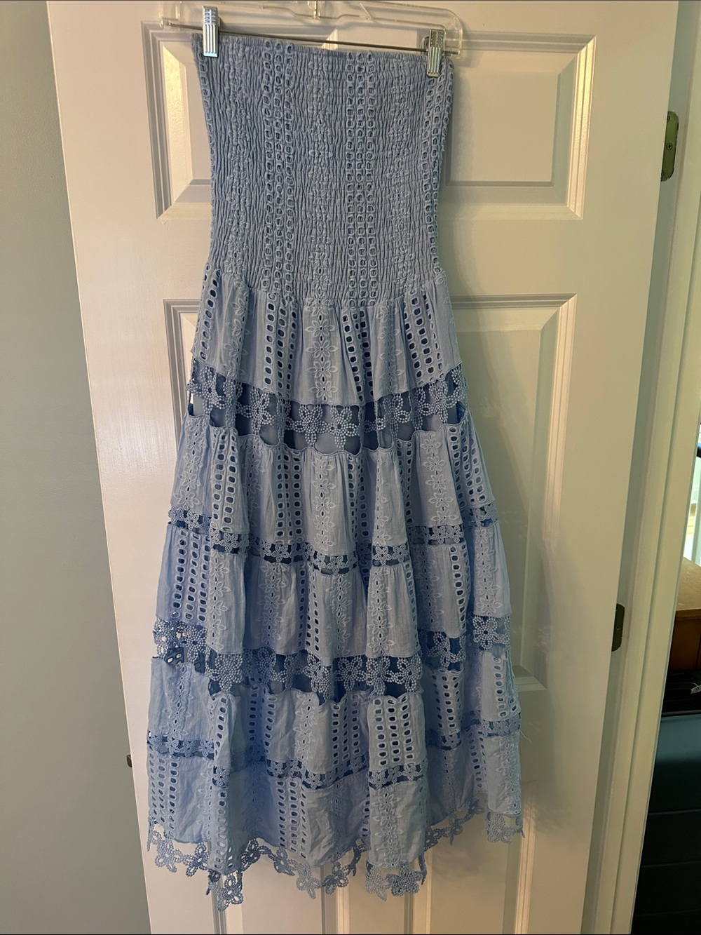 Light Blue Strapless Eyelet Tiered Maxi Dress